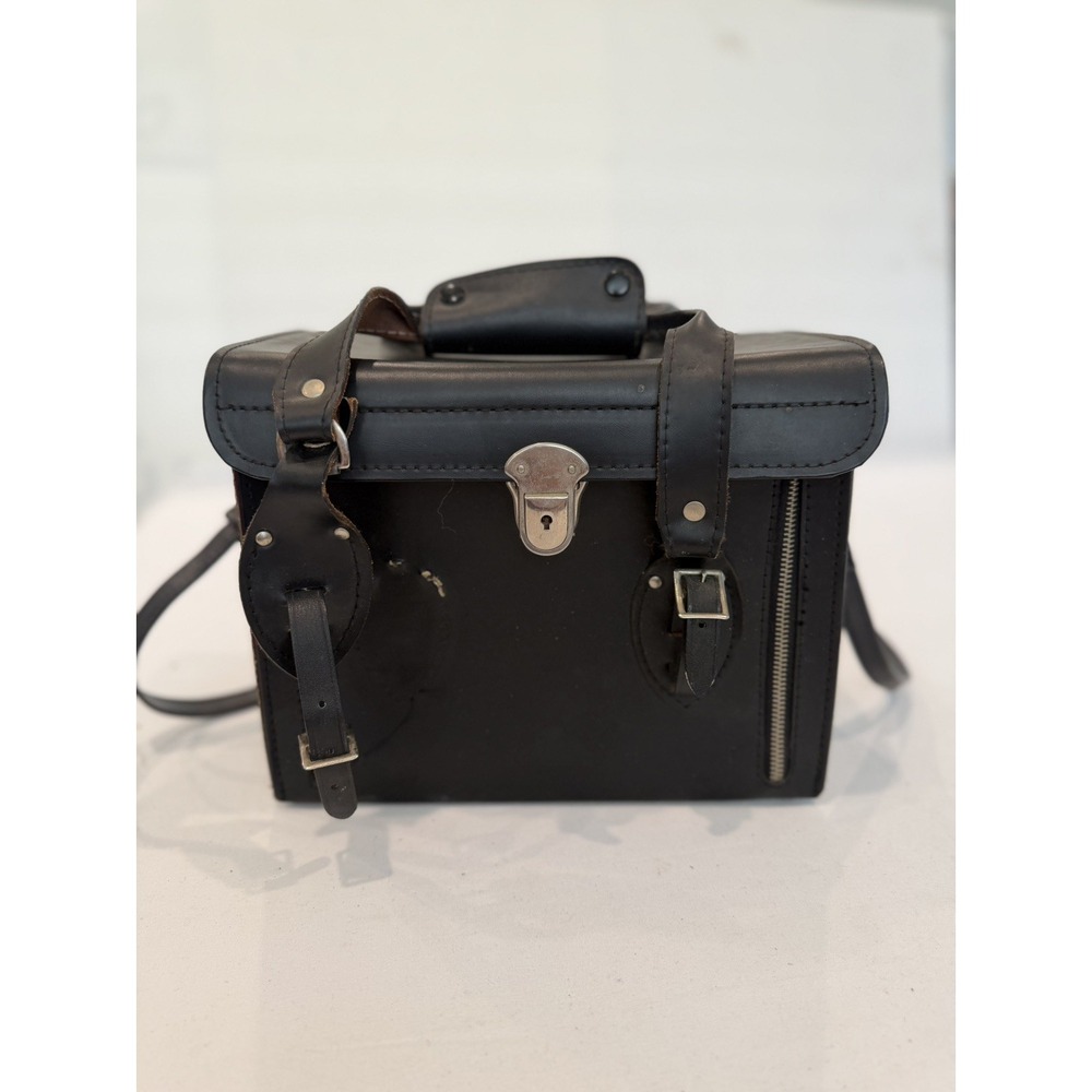 Vintage Large Black Leather Camera Hard Case w/ compartments & handle Japan Y2K
